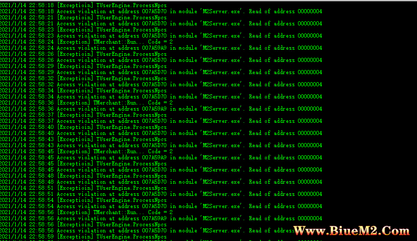 BLUE引擎M2报错怎么办？[Exceptioin] TUserEngine.ProcessNpcs Access violation at address 007A5D70 in module 'M2Server.exe'. Read of address 00000004